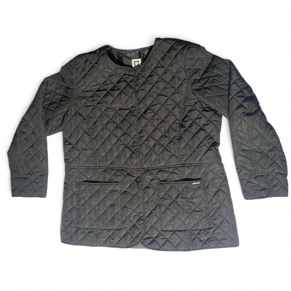 Anne Klein Quilted Collarless Snap Puffer Jacket Black Large Minimalist Shacket